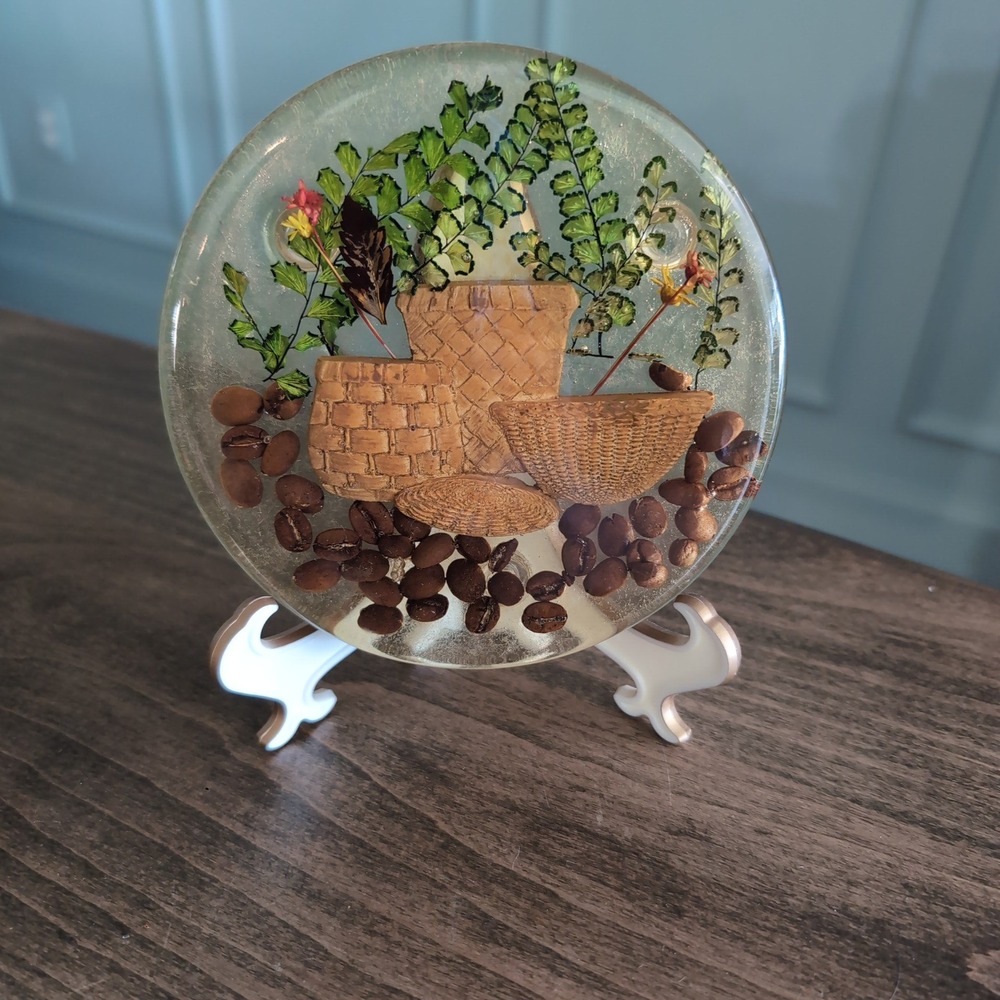 Vintage Resin Lucite Trivet Pressed Botanical Coffee Bean 1974 Design Gift Retro